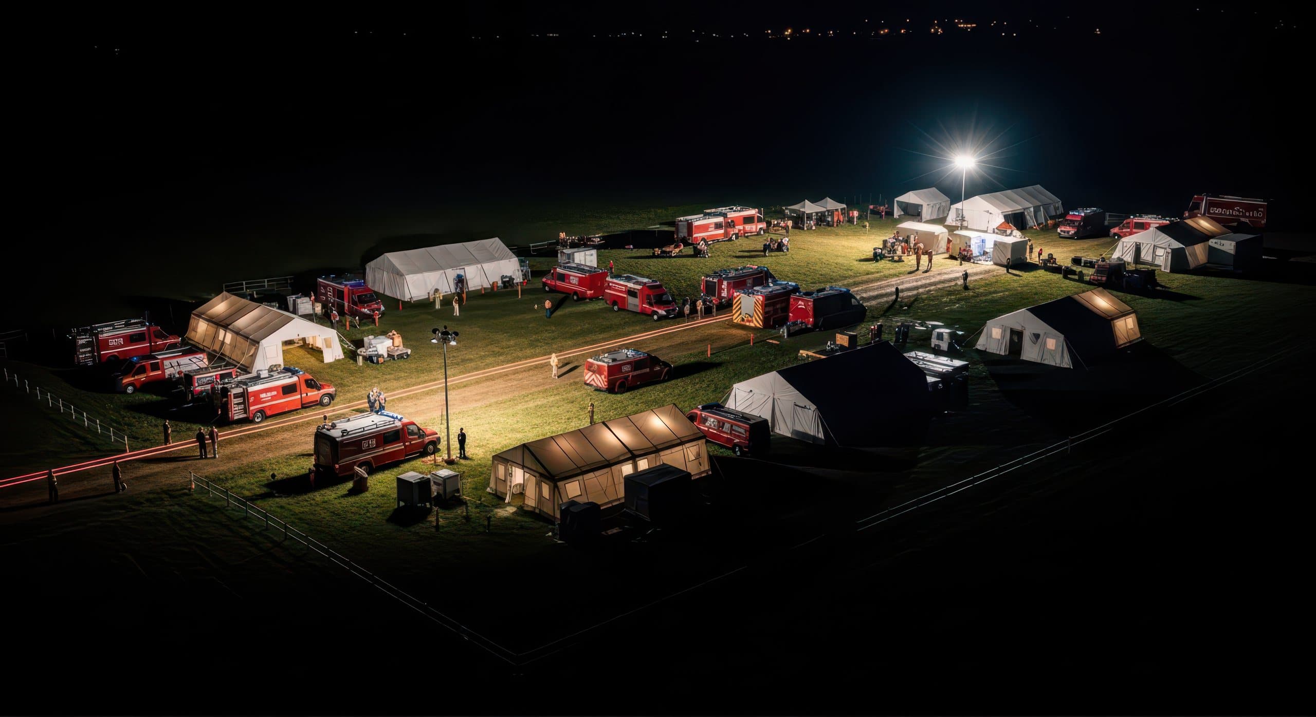 Night disaster relief camp — tents, emergency vehicles and lighting on a dark field