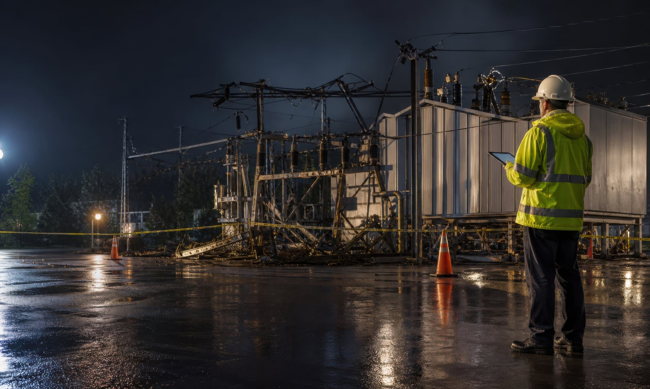Technician assessing a damaged substation at night in the rain