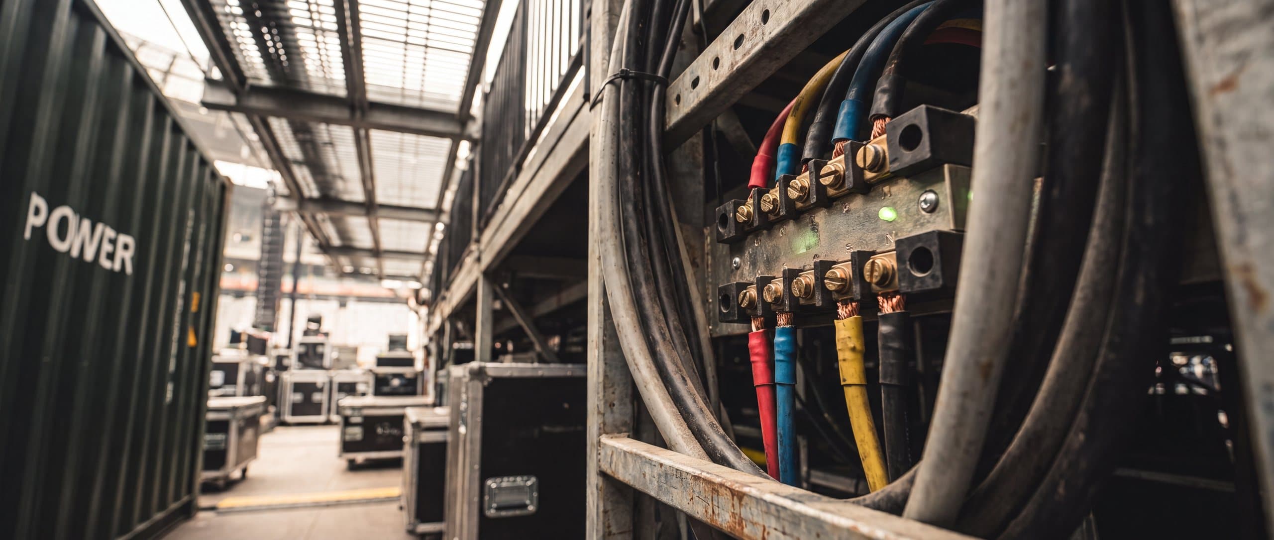 Cam-lok terminations and feeder cable on a distribution rack