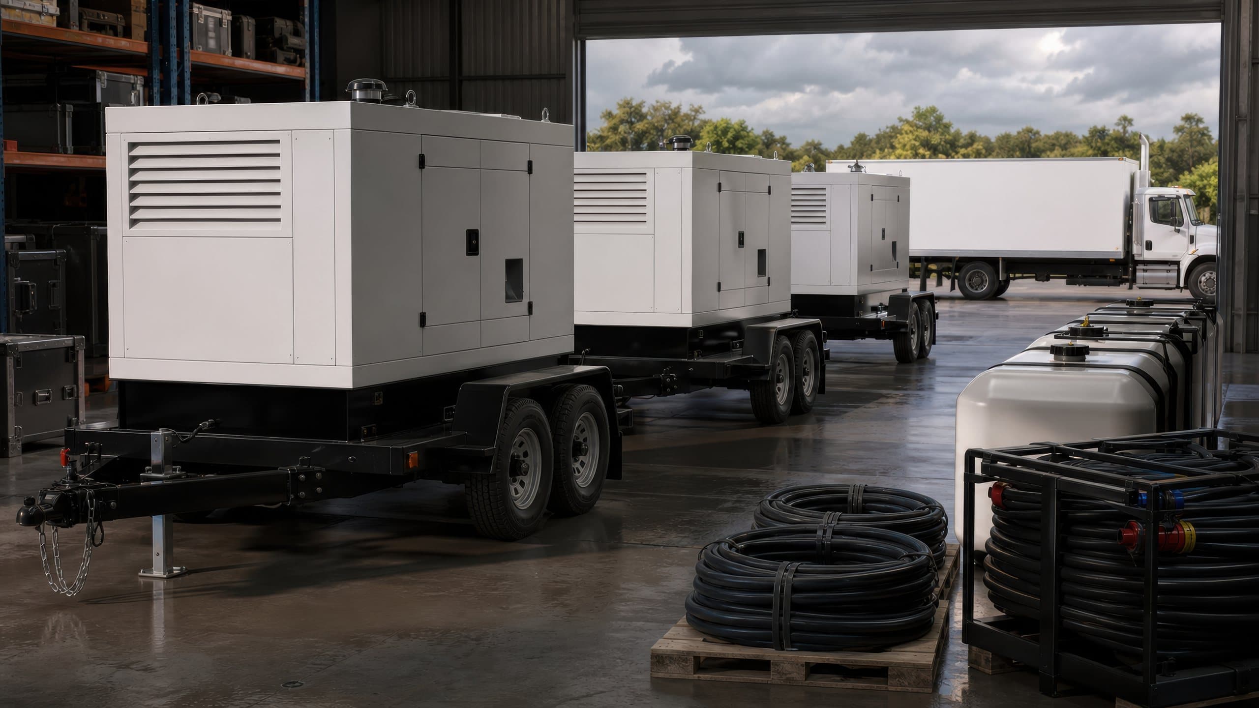 Trailer-mounted generators, fuel tanks and coiled cable staged in a warehouse